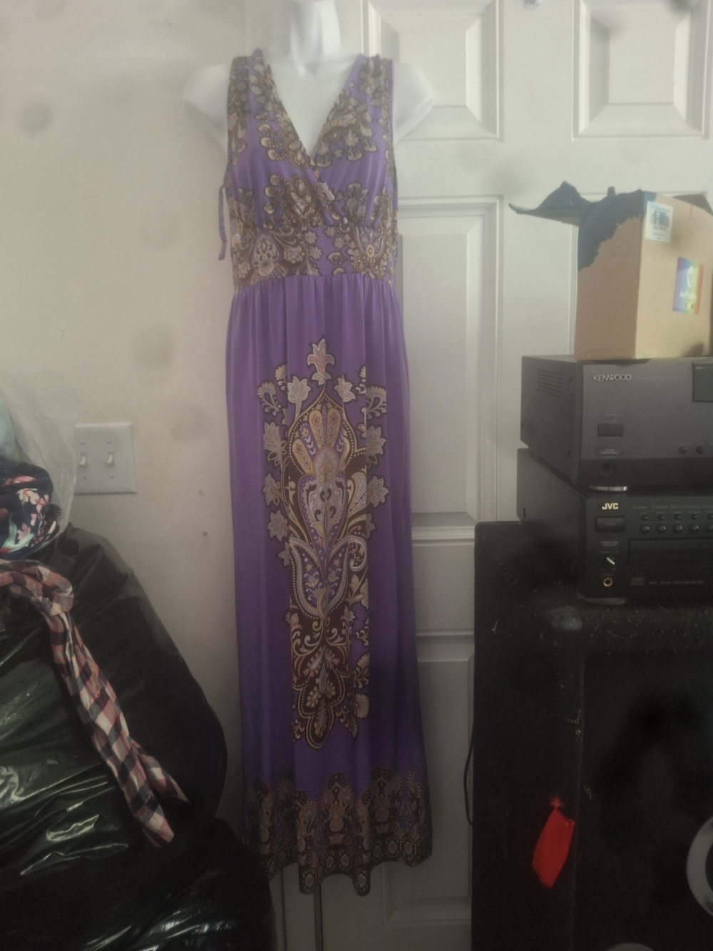 Purple Paisley Maxi Dress with V-Neck and Empire Waist